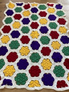 Handmade Crocheted Floral Hexagon Throw - Multicolor
